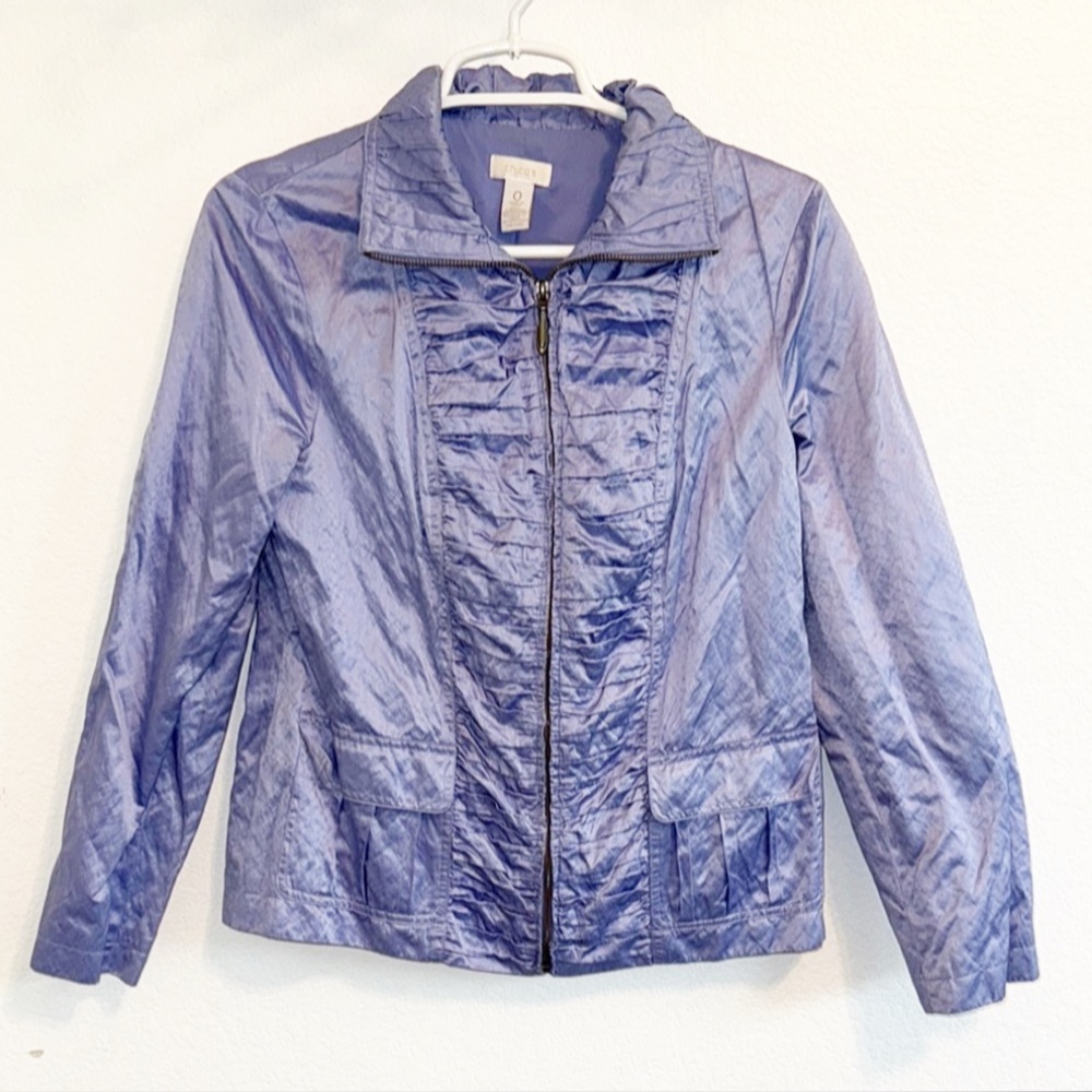 CHICO'S WOMENS JACKET PURPLE LIGHTWEIGHT PLEATS RUCHED ZIP UP POCKETS